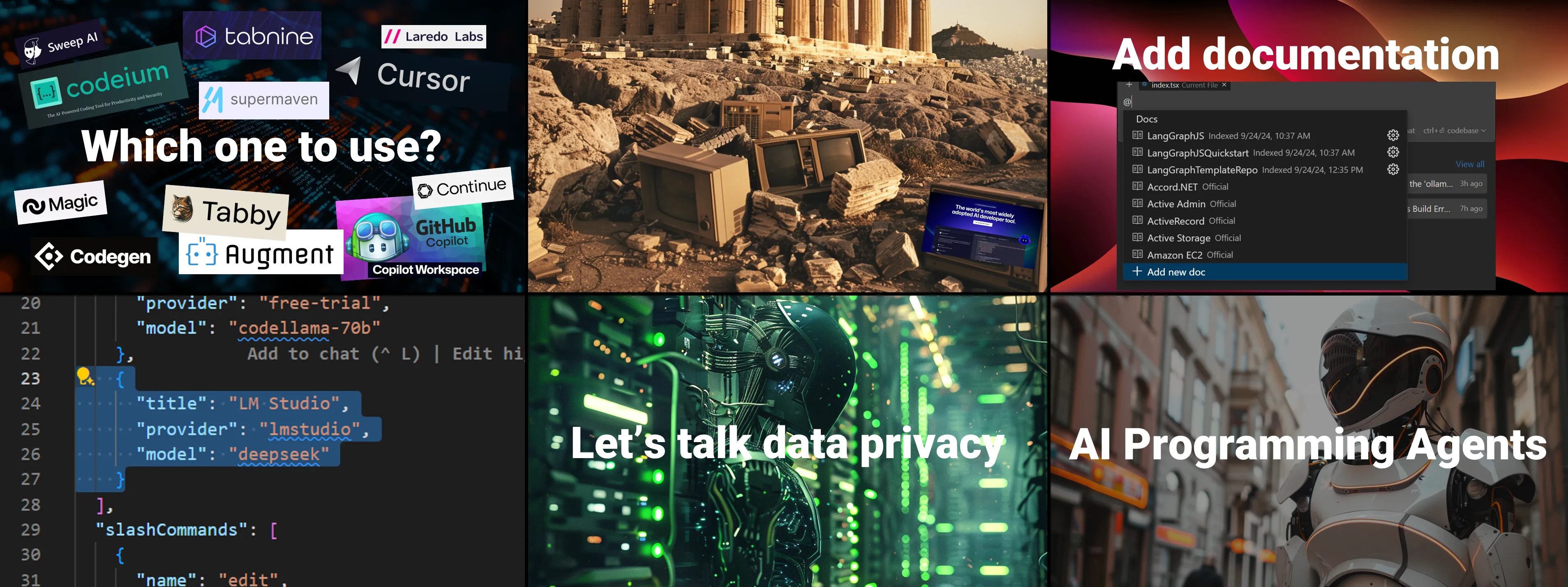 A small sample of PowerPoint slides from a lecture on AI programming assistants